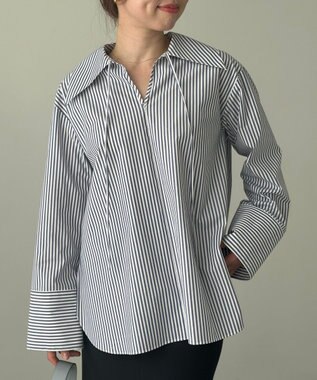 UNFILO スキッパーロングシャツ ネイビーストライプ