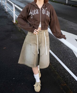 WEGO 【裏起毛】ラインストーン裏起毛ショートジップパーカー ブラウン