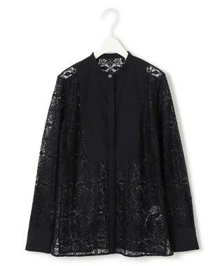ICB 【洗える】タイルパターンレース バンドカラーシャツ ブラック系
