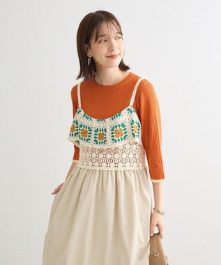 Green Parks ＢＰ　袖口カラーリブ７分袖ニットプルオーバー Orange