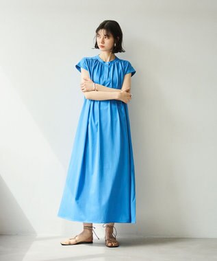 #Newans 【乾燥機可能/接触冷感】ヨークギャザーロングワンピース ブルー