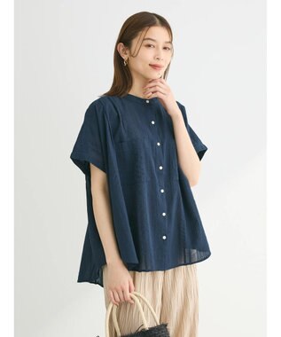 Green Parks インド綿  バンドカラーデザイン５分袖シャツ Dark Navy