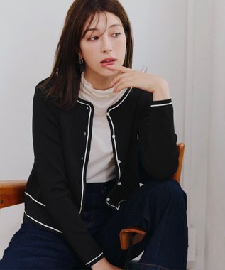 Tiaclasse L 【洗える】配色ラインカーディガン ブラック
