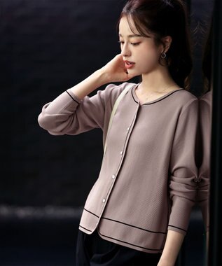 Tiaclasse L 【洗える】配色ラインカーディガン ピンクモカ