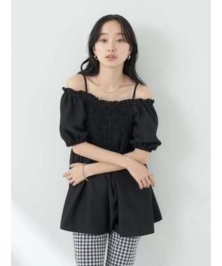 earth music&ecology ２ｗａｙショルダーシャーリングチュニック Black