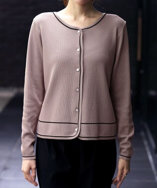Tiaclasse L 【洗える】配色ラインカーディガン ピンクモカ
