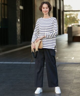 自由区 L 【洗える】コットンボーダー ボートネックカットソー ダルブルー系1