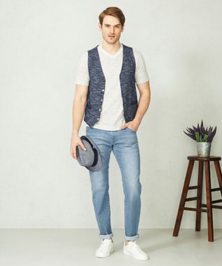 JOSEPH ABBOUD 【キングサイズ・軽い/洗える】スラブギマボーダーニットベスト ブルー系1