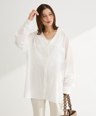 Green Parks 綿麻混Ｖネックオーバーサイズシャツ Off White