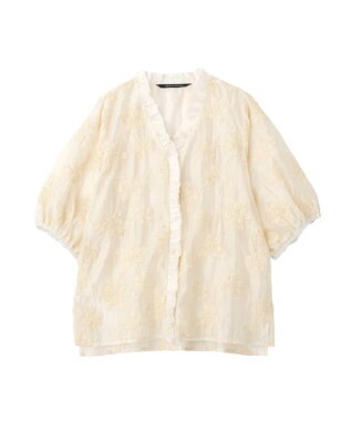 YECCA VECCA フリルVネック刺繍シアーシャツ Ivory