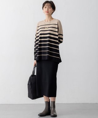 23区 【洗える】プレミアムビオコットン ボーダー ワイド ニット ベージュ×ブラック