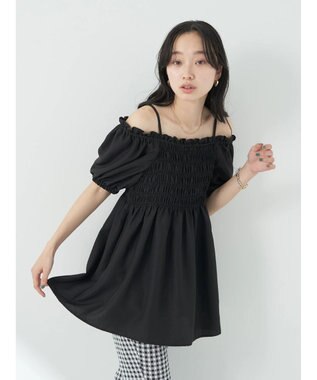 earth music&ecology ２ｗａｙショルダーシャーリングチュニック Black