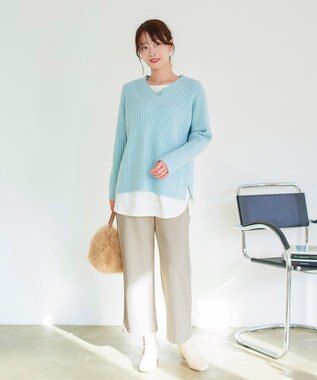 Tiaclasse L ミニチェッカー裏起毛・ストレートパンツ ベージュ