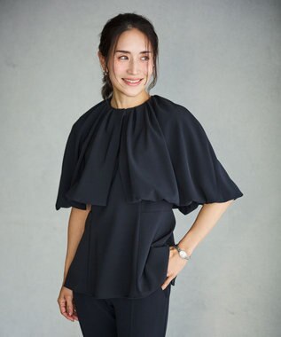 #Newans ＜亀恭子さんコラボ＞取り外し可能ケープ付きペプラムブラウス ネイビー
