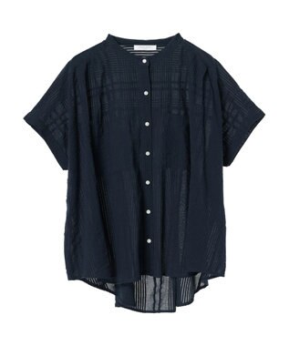 Green Parks インド綿  バンドカラーデザイン５分袖シャツ Dark Navy