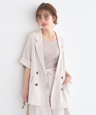 earth music&ecology 【セットアップ対応】リネンライクダブルジャケット Stripe Ivory