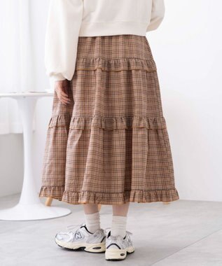 WEGO 【ウエストゴム】フリルティアードボリュームスカート オレンジチェック1