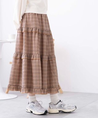 WEGO 【ウエストゴム】フリルティアードボリュームスカート オレンジチェック1