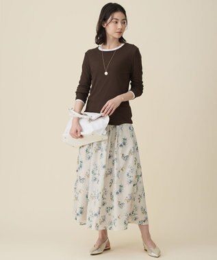 自由区 L エアリーローン花柄プリント スカート ベージュ×ブルー