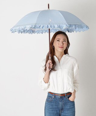 MOONBAT 【遮光/晴雨兼用日傘】POLO RALPH LAUREN(ポロ ラルフローレン) エンブフリル 長傘 遮熱 UV スカイブルー