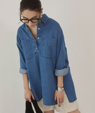 WEGO 【ANGIE VINTAGE】襟が選べる デニム チュニック シャツ （バンドカラー/レギュラーカラー） ブルーその他