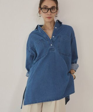 WEGO 【ANGIE VINTAGE】襟が選べる デニム チュニック シャツ （バンドカラー/レギュラーカラー） ブルーその他