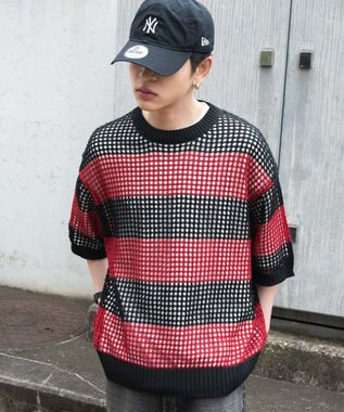 WEGO 【３点SET】アンサンブルメッシュニットプルオーバー（SS） レッドボーダー