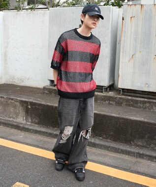 WEGO 【３点SET】アンサンブルメッシュニットプルオーバー（SS） レッドボーダー