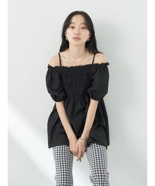 earth music&ecology ２ｗａｙショルダーシャーリングチュニック Black