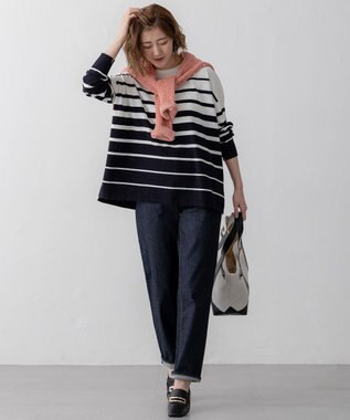 23区 【洗える】プレミアムビオコットン ボーダー ワイド ニット オフ×ネイビー