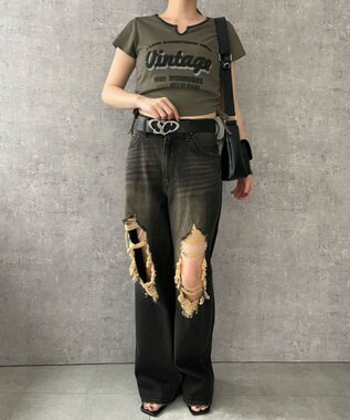 WEGO 配色サイドギャザーVネックT カーキ