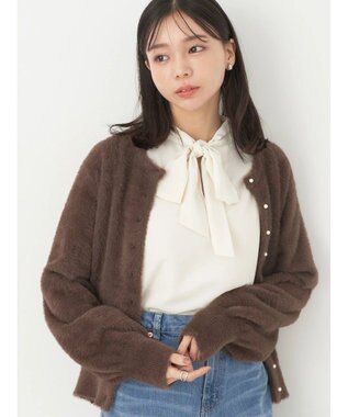 earth music&ecology ミニシャギーパールボタンカーディガン Brown