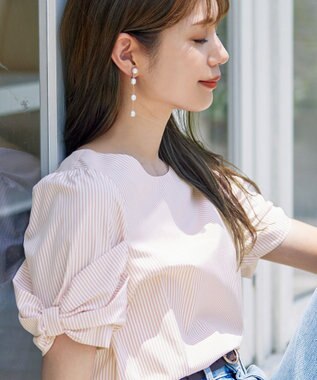 Tiaclasse 【洗える】リボン袖ブラウス ピンクストライプ