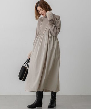 23区 L 【洗える】ギャザーコンビ ニットワンピース ベージュ系