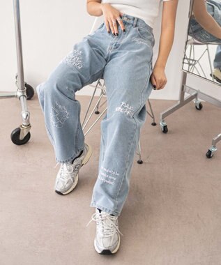 WEGO 刺繍ロゴバレルレッグパンツ デニム中濃色