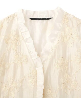YECCA VECCA フリルVネック刺繍シアーシャツ Ivory