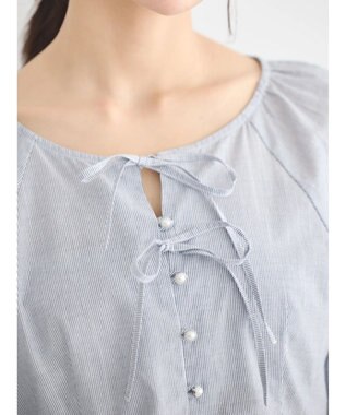 earth music&ecology フロントリボンブラウス Stripe Navy