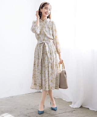 Tiaclasse 【洗える】花柄フレアワンピース グレージュ