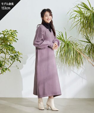 Tiaclasse 【洗える】パフスリーブリブ編みニットワンピース ピンク