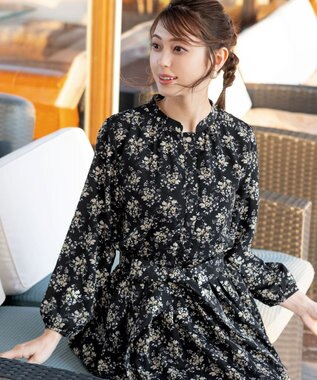 Tiaclasse 【洗える】花柄フレアワンピース ブラック