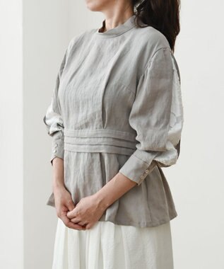 muuc 〈高品質ベルギーリネン100%〉〈通年着られる〉カットジャカード生地デザイン袖 クラシカルシルエットのブラウス ベージュグレー