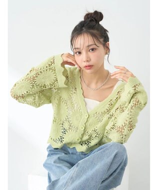 earth music&ecology クロシェ風カーディガン Lime Green