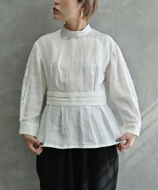 muuc 〈高品質ベルギーリネン100%〉〈通年着られる〉カットジャカード生地デザイン袖 クラシカルシルエットのブラウス ホワイト