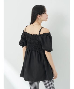 earth music&ecology ２ｗａｙショルダーシャーリングチュニック Black