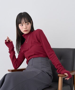 earth music&ecology リブタートルネックプルオーバー Red