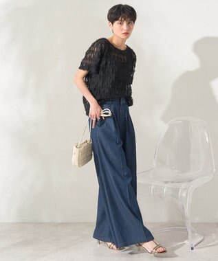 AMERICAN HOLIC チュールフリンジシアーＴシャツ Black