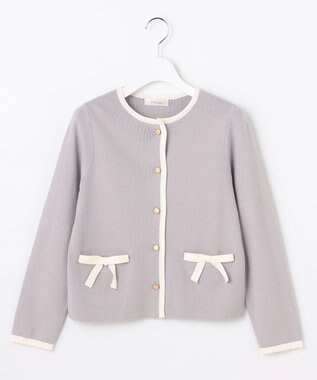 Feroux バイカラーリボンニット カーディガン スカイブルー系