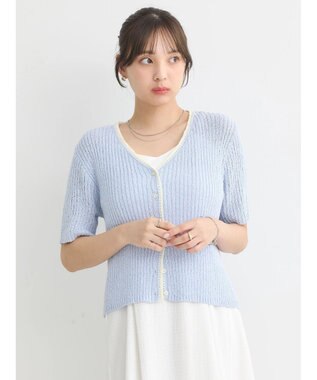 earth music&ecology バイカラーＶネックカーディガン Light Blue