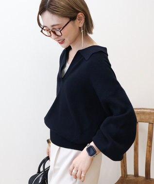 AMERICAN HOLIC バイパチ片畦衿付きニットプルオーバー Navy