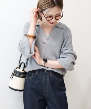 AMERICAN HOLIC バイパチ片畦衿付きニットプルオーバー Gray Mixture